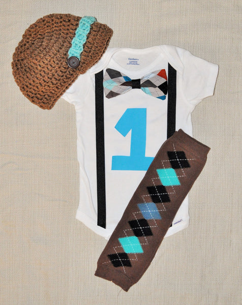 boy argyle brown and teale cake smash bowtie bodysuit and suspenders with Birthday number argyle baby leg warmers and brown & teal hat