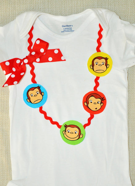 Curious George Girls bodysuit, Curious George shirt, Curious George necklace, photo prop, cake smash