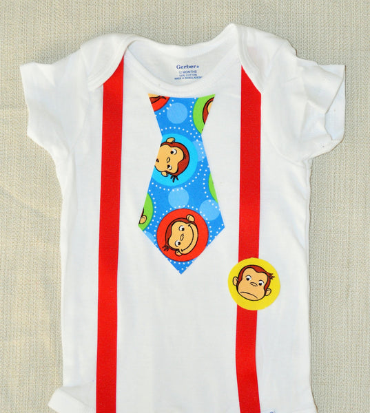 Rylo Curious George shirt, Curious George bodysuit, Curious George tie,  you pick suspender color, Photo Prop, Cake Smash, Birthday outfit