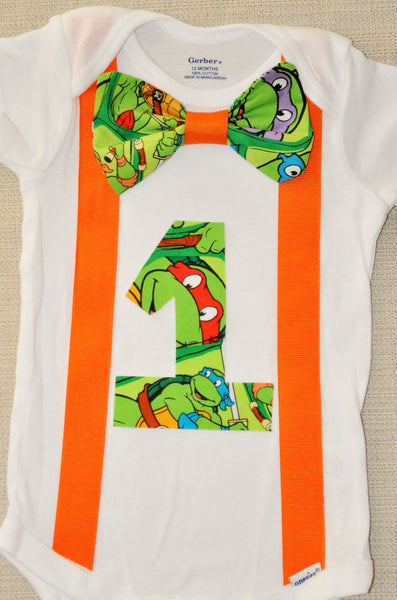 Rylo Teenage Mutant Ninja Turtles shirt,  Teenage Mutant Ninja Turtles Bow tie with matching suspenders. First Birthday, cake smash, TMNT