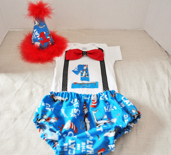 Dr Seuss cake smash outfit with party hat, Cat in the hat outfit 1st 2nd 3rd  birthday, Dr Seuss Shirt, Dr Seuss Birthday, boys cake smash