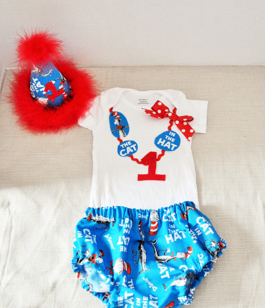 baby Girl/Toddler cat in the hat cake smash outfit with party hat, Cat in the hat cake smash, Dr Seuss Cake Smash Dr Seuss Shirt,