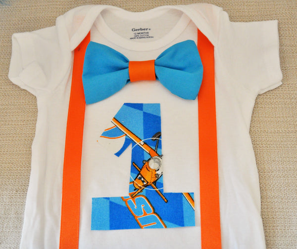 Rylo Disney Planes shirt with suspenders bowtie and Birthday number, cake smash,Disney Planes Shirt,  Cake smash 1st 2nd 3rd birthday