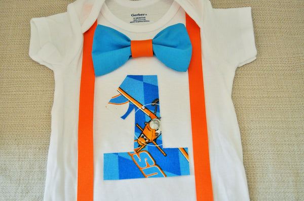 Rylo Disney Planes shirt with suspenders bowtie and Birthday number, cake smash,Disney Planes Shirt,  Cake smash 1st 2nd 3rd birthday