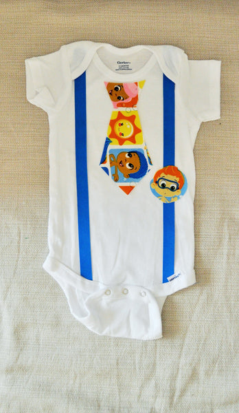 Rylo Bubble Guppies shirt, Bubble Guppies bodysuit, Bubble Guppies tie, you pick suspender color, Photo Prop, Cake Smash, Birthday outfit