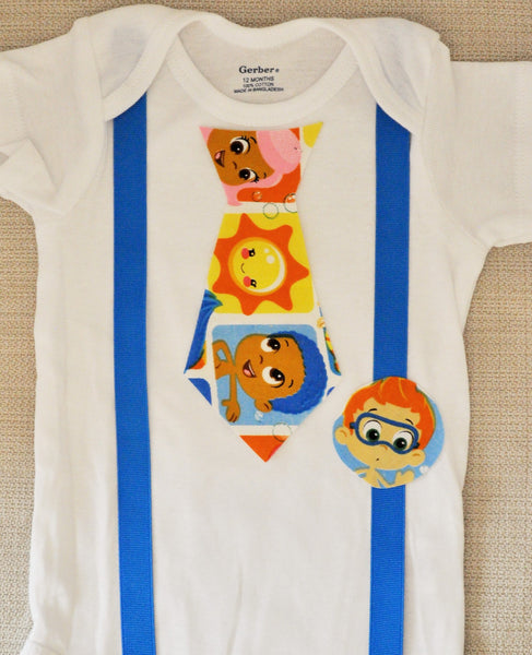 Rylo Bubble Guppies shirt, Bubble Guppies bodysuit, Bubble Guppies tie, you pick suspender color, Photo Prop, Cake Smash, Birthday outfit