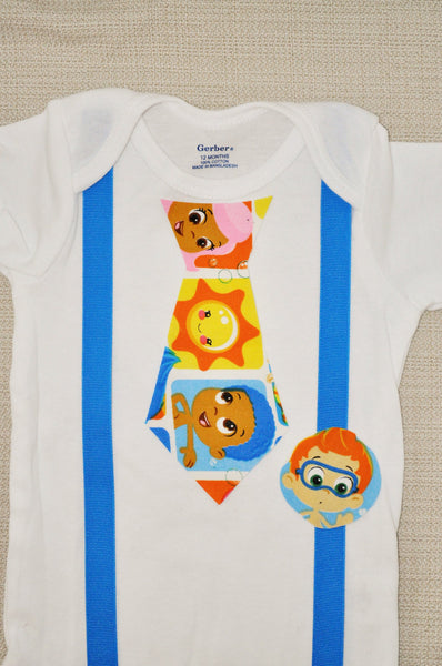 Rylo Bubble Guppies shirt, Bubble Guppies bodysuit, Bubble Guppies tie, you pick suspender color, Photo Prop, Cake Smash, Birthday outfit