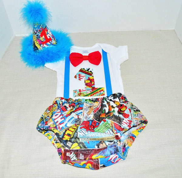 superhero cake smash outfit with party hat, Super Hero cake smash boys birthday, Spiderman, iron man, captain america, avengers