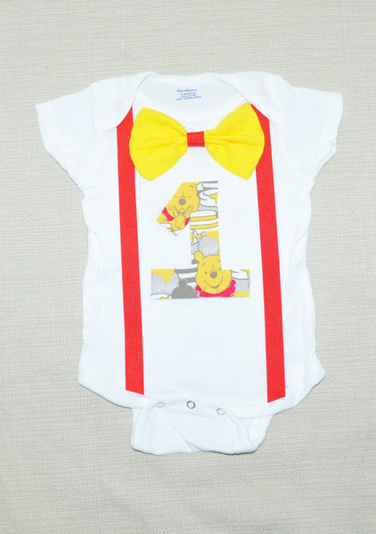 Pooh birthday bodysuit with bowtie and suspenders, winnie the pooh Outfit, winnie the pooh Shirt Cake smash 1st 2nd 3rd bday
