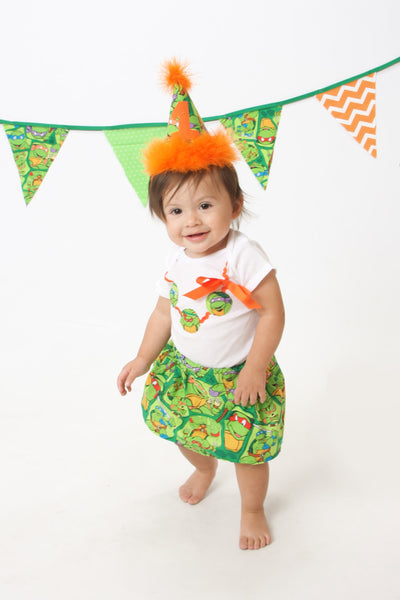 girl Ninja Turtles cake smash outfit with party hat, girl Ninja Turtles birthday outfit, 1st 2nd 3rd birthday, TMNT Birthday outfit