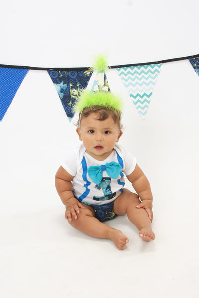 Monsters Inc cake smash outfit with party hat, Monsters University birthday shirt, 1st 2nd 3rd  birthday, shorts or diaper cover