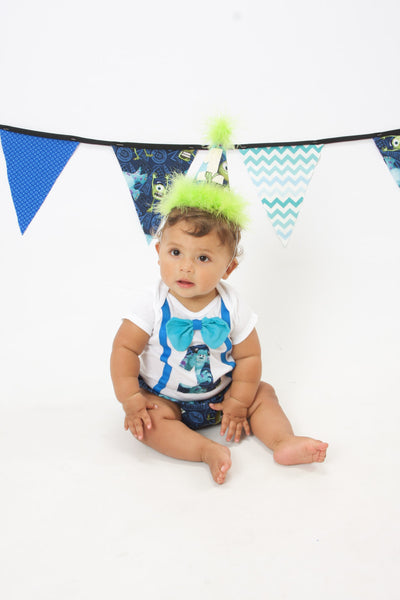 Monsters Inc cake smash outfit with party hat, Monsters University birthday shirt, 1st 2nd 3rd  birthday, shorts or diaper cover