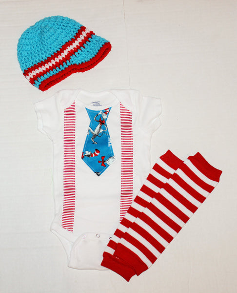 Dr. Seuss bodysuit with tie and striped suspenders, Dr Suess hat, crochet newspaper boy hat, dr seuss cake smash  dr seuss tie, baby legs