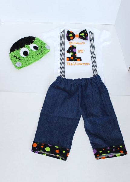 First Halloween Outfit, Monster Frankenstein hat, Halloween shirt, Halloween pants, personalized Halloween shirt, custom Halloween outfit