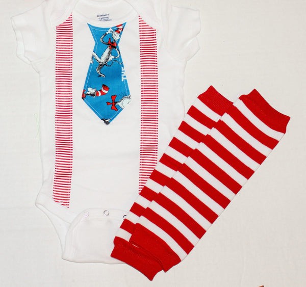 Dr. Seuss bodysuit with tie and striped suspenders, Dr Suess hat, crochet newspaper boy hat, dr seuss cake smash  dr seuss tie, baby legs