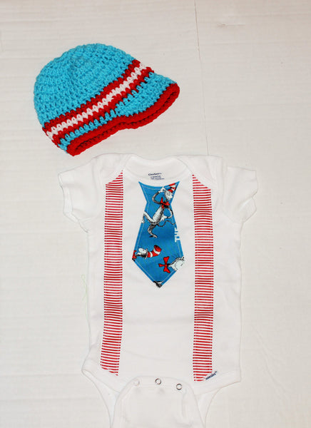 Dr. Seuss bodysuit with tie and striped suspenders, Dr Suess hat, crochet newspaper boy hat, dr seuss cake smash  dr seuss tie, baby legs