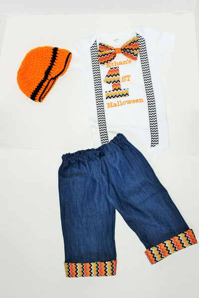 Halloween Outfit, Halloween shirt, hat, pants, Halloween pants, personalized shirt, custom Halloween outfit, halloween chevron bowtie