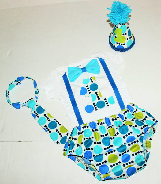 Baby Boy/Toddler cake smash outfit with party hat, blue and green polka dots, 1st 2nd 3rd birthday outfit, Boys cake smash outfit, tie