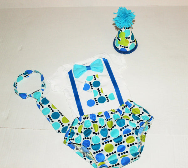 Baby Boy/Toddler cake smash outfit with party hat, blue and green polka dots, 1st 2nd 3rd birthday outfit, Boys cake smash outfit, tie