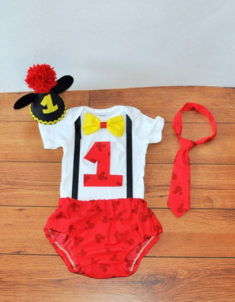 Mickey Mouse cake smash outfit with party hat, Mickey Mouse birthday outfit, 1st 2nd 3rd  birthday, Boys cake smash outfit, Mickey Banner