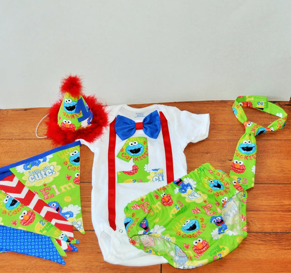 sesame street birthday outfit, sesame street cake smash,cookie monster cake smash, elmo cake smash, Photo prop, bodysuit, shirt, hat, banner