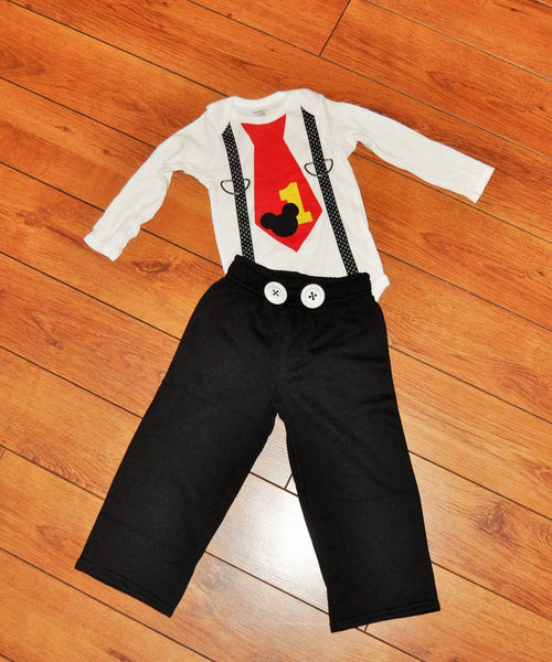 Baby Boy/Toddler cake smash, mickey Birthday shirt and pants, Mickey Mouse cake smash, mickey mouse tie, first birthday, photo prop