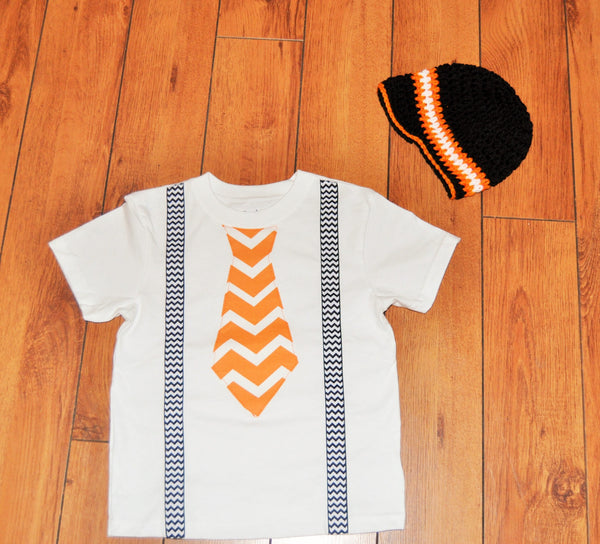 Baby Boy/Toddler Halloween shirt/bodysuit with crochet hat, cake smash, halloween outfit, halloween tie, orange chevron tie