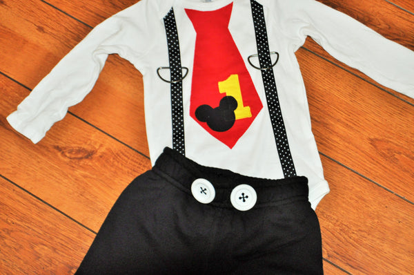 Baby Boy/Toddler cake smash, mickey Birthday shirt and pants, Mickey Mouse cake smash, mickey mouse tie, first birthday, photo prop