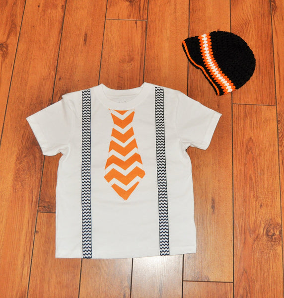 Baby Boy/Toddler Halloween shirt/bodysuit with crochet hat, cake smash, halloween outfit, halloween tie, orange chevron tie