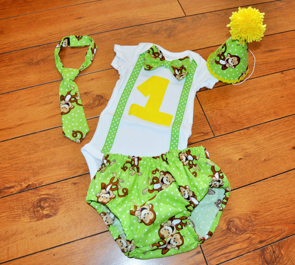 Baby Boy/Toddler Cake smash outfit, Boy Birthday Outfit monkeys, monkey birthday, Green monkey cake smash 1st 2nd 3rd  birthday, Monkey tie