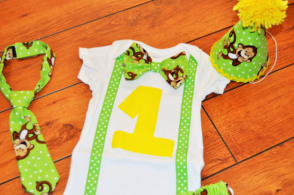 Baby Boy/Toddler Cake smash outfit, Boy Birthday Outfit monkeys, monkey birthday, Green monkey cake smash 1st 2nd 3rd  birthday, Monkey tie