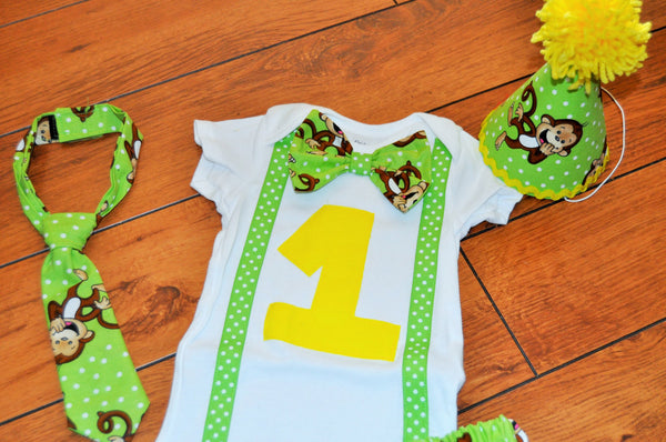 Baby Boy/Toddler Cake smash outfit, Boy Birthday Outfit monkeys, monkey birthday, Green monkey cake smash 1st 2nd 3rd  birthday, Monkey tie