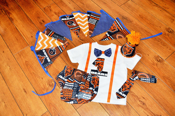 boy Chicago Bears cake smash outfit, 1st 2nd 3rd  birthday, Boy cake smash outfit, Football, sports, bears banner, bears tie,  diaper cover