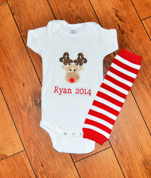 Personalized Reindeer bodysuit/shirt with matching baby legs/leg warmers, boy reindeer shirt, girls reindeer shirt, rudolph bodysuit/shirt