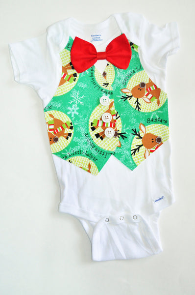 Baby Boy/Toddler christmas reindeer shirt/bodysuit, Holiday cake smash, christmas outfit, christmas vest, reindeer vest with red bowtie