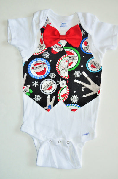 Baby Boy/Toddler christmas sock monkey shirt/bodysuit, Holiday cake smash, christmas outfit, christmas vest, sock monkey vest, red bowtie