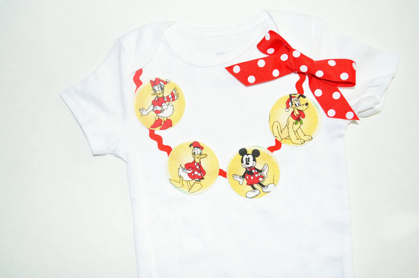 Baby girl/Toddler christmas Mickey and friends shirt/bodysuit, Holiday cake smash, christmas outfit, girl holiday, mickey necklace and beads