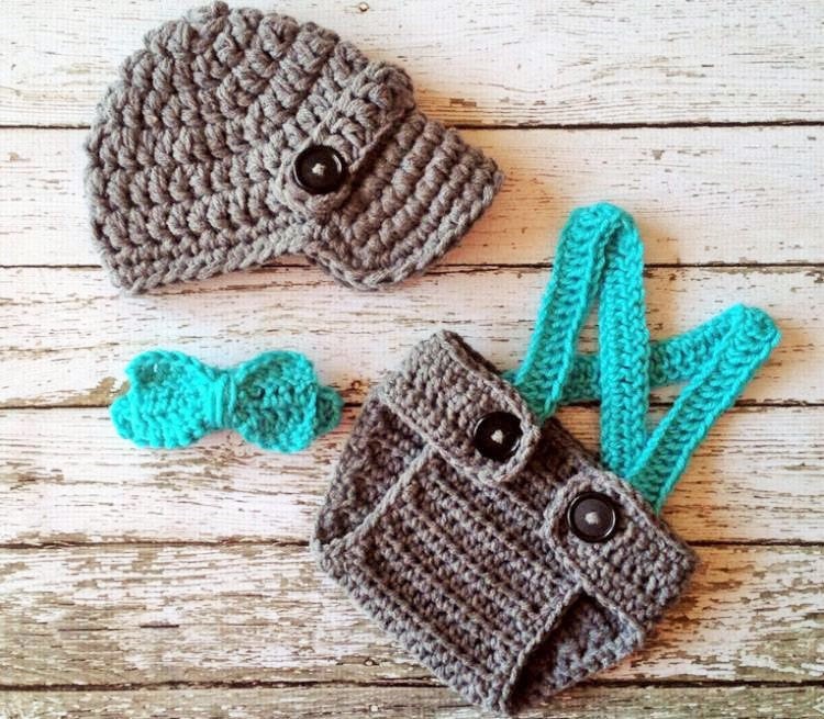 baby diaper cover, suspenders, bowtie and newspaper boy hat in dark gray and teal, newborn 3 piece set, crochet baby photo prop