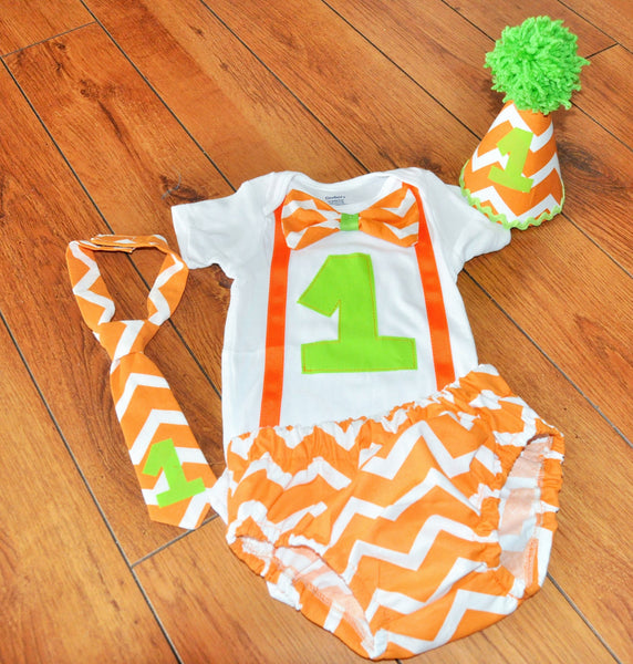 Baby Boy/Toddler Cake smash outfit, Birthday outfit, Chevron cake smash, orange chevron, fall colors cake smash, Chevron tie, party hat