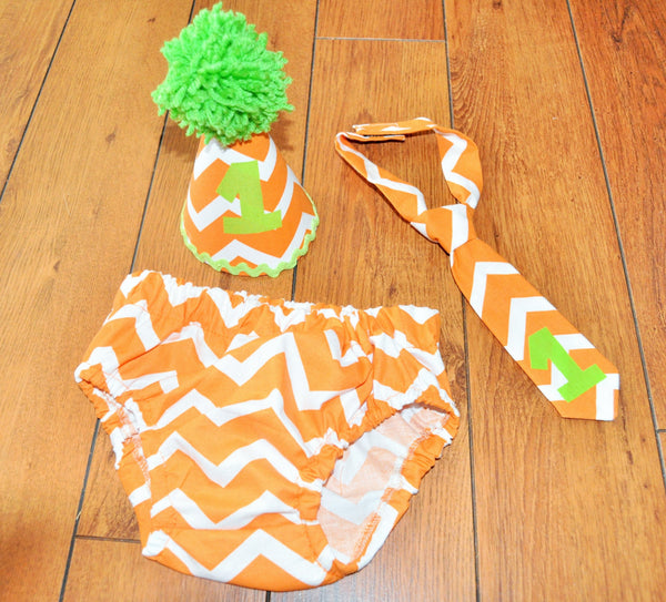 Baby Boy/Toddler Cake smash outfit, Birthday outfit, Chevron cake smash, orange chevron, fall colors cake smash, Chevron tie, party hat