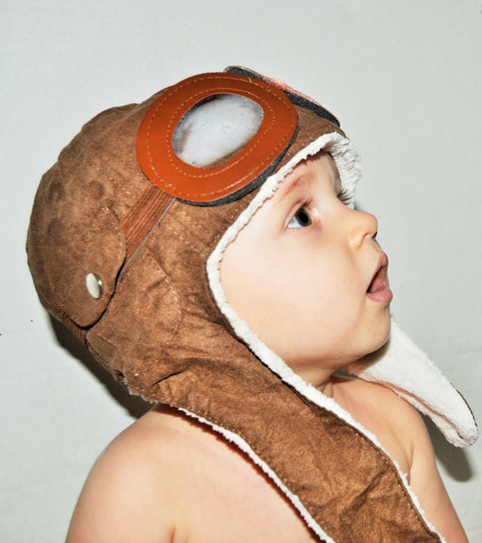 Baby/Toddler aviator hat, aviator hat with goggles, brown and cream aviator hat, baby photo prop, halloween costume, aviator birthday,