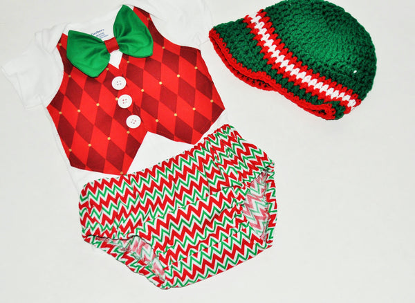 Boys christmas outfit, christmas cake smash outfit,holiday outfit, newspaper boy hat, red harlequin vest, christmas chevron diaper cover