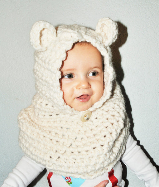 Baby/Todder Bear Cowl, Hooded Cowl, Bear Hat, Polar Bear hat, Hooded Cowl, Brown Bear Cowl, Black Bear Cowl, Baby scarf