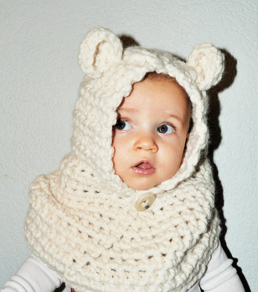 Baby/Todder Bear Cowl, Hooded Cowl, Bear Hat, Polar Bear hat, Hooded Cowl, Brown Bear Cowl, Black Bear Cowl, Baby scarf