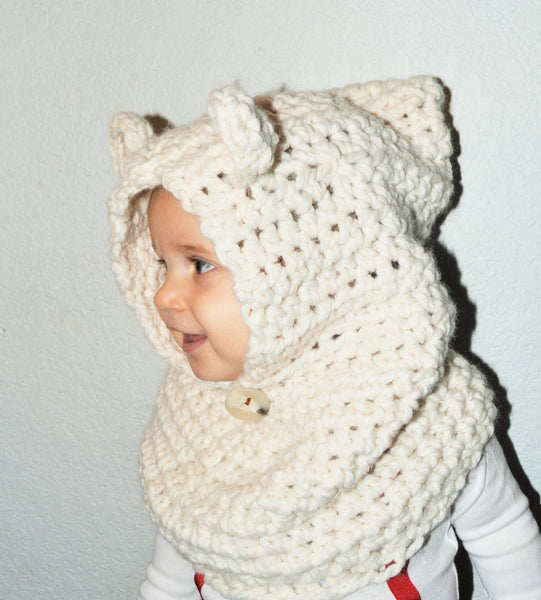 Baby/Todder Bear Cowl, Hooded Cowl, Bear Hat, Polar Bear hat, Hooded Cowl, Brown Bear Cowl, Black Bear Cowl, Baby scarf