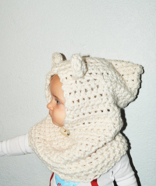 Baby/Todder Bear Cowl, Hooded Cowl, Bear Hat, Polar Bear hat, Hooded Cowl, Brown Bear Cowl, Black Bear Cowl, Baby scarf