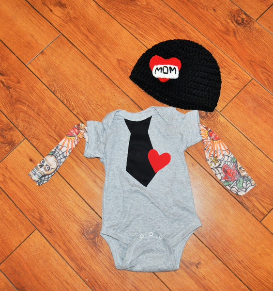 baby boy valentine rocker outfit,boy tattoo sleeve outfit,mom beanie,tattoo sleeve shirt,1st birthday outfit,1st birthday outfit,cake smash