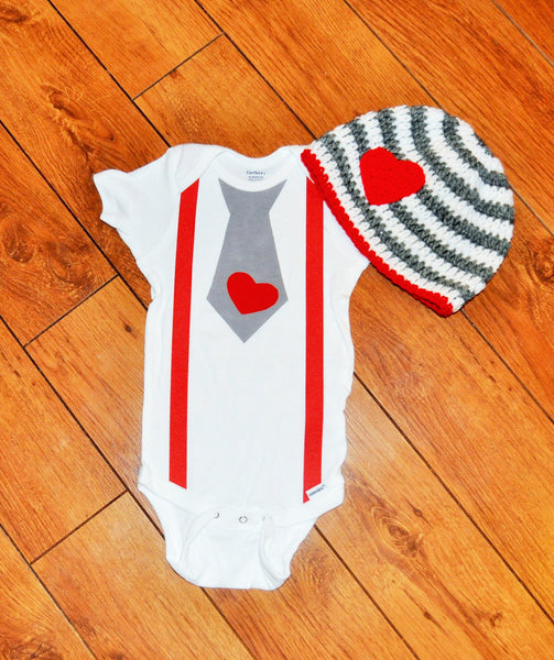 valentines tie bodysuit with hat, gray and red cake smash, bringing home baby set, first birthday outfit, 1st birthday, shirt and hat outfit