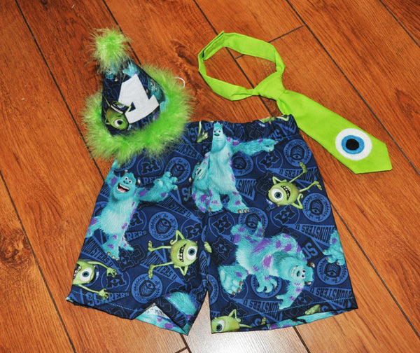 Monsters Inc cake smash outfit with party hat, Monsters University birthday shirt, 1st 2nd 3rd  birthday, shorts or diaper cover