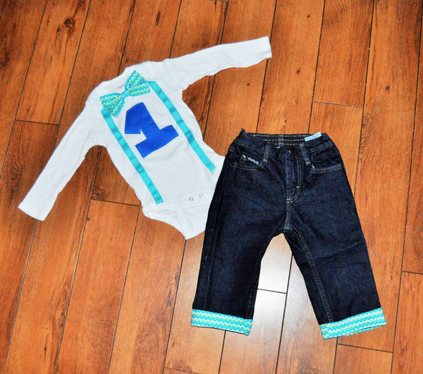 baby boy blue and green chevron cake smash outfit , matching cuff jeans, 1st 2nd 3rd  birthday, Boys outfit, chevron bowtie